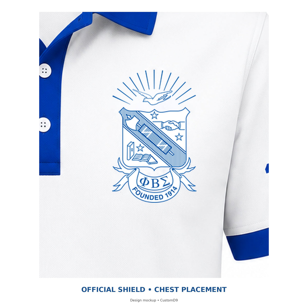 Digital design detail showing the original brand-kit Phi Beta Sigma shield on the white contrast polo's left chest