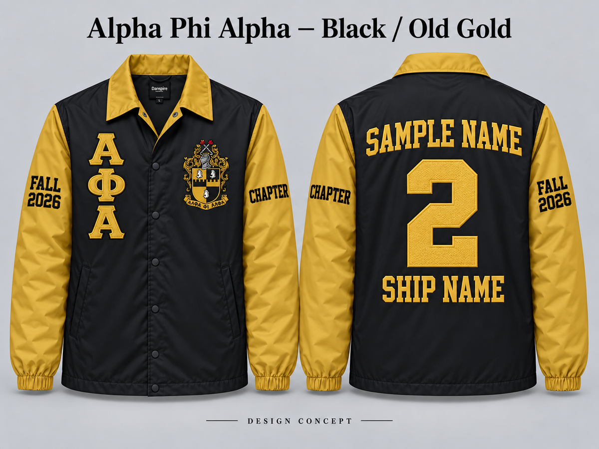 Alpha Phi Alpha black body and old gold contrast sleeves line jacket front and back sample