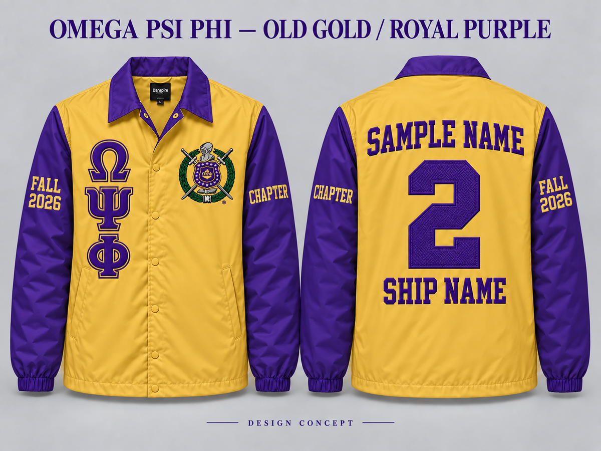 Omega Psi Phi Old Gold body with Royal Purple collar and sleeves contrast line jacket, front and back sample embroidery