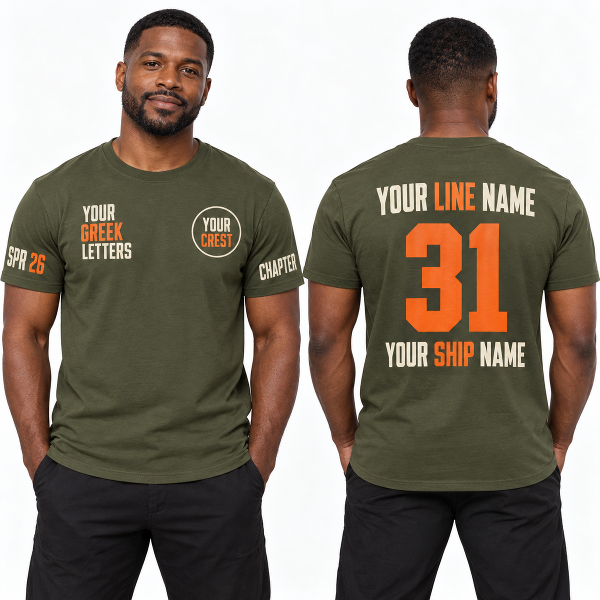 Custom Fraternity Industrial Condensed Military Green line name number ship name crossing shirt