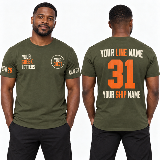 Custom Fraternity Industrial Condensed Military Green line name number ship name crossing shirt