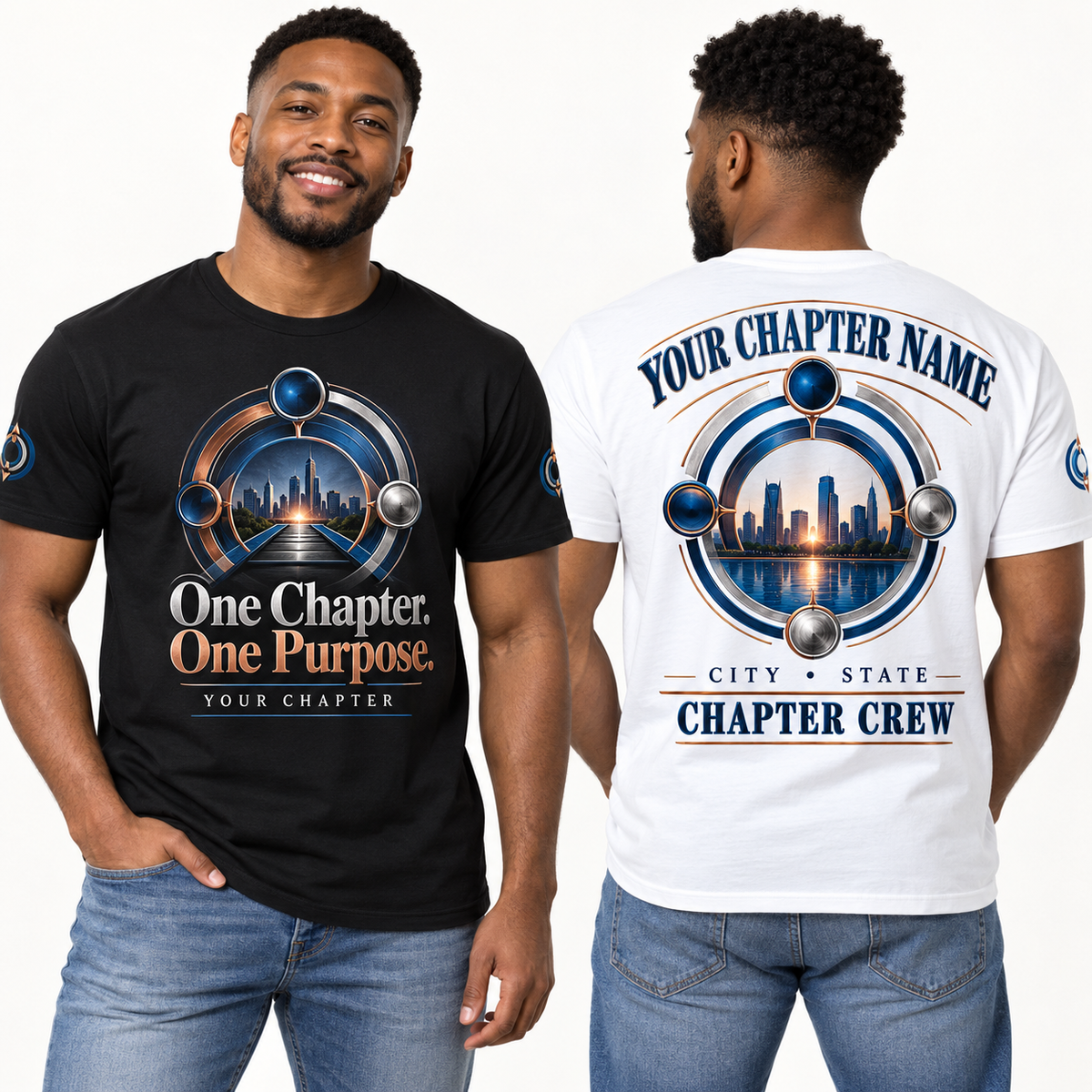 Custom Fraternity One Chapter. One Purpose. chapter group shirt on models