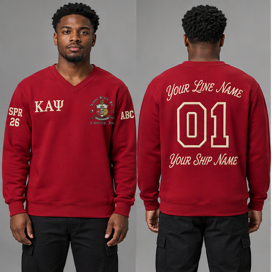 Kappa Alpha Psi Crimson V-neck sweatshirt on an adult model with Cream Greek letters ΚΑΨ, original supplied crest, sample line name, number 01 and ship name, crossing year and chapter initials on sleeves.