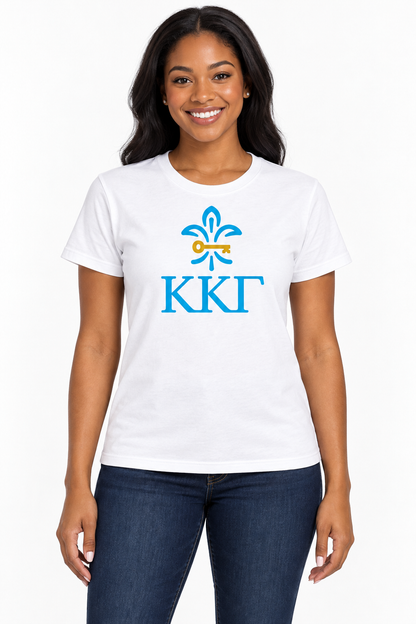 White Kappa Kappa Gamma Fleur-de-Key printed T-shirt on model