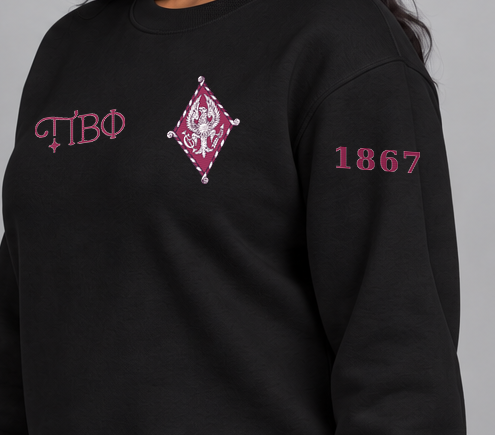 Pi Beta Phi premium embroidered black solid crewneck sweatshirt on model - founding year sleeve detail