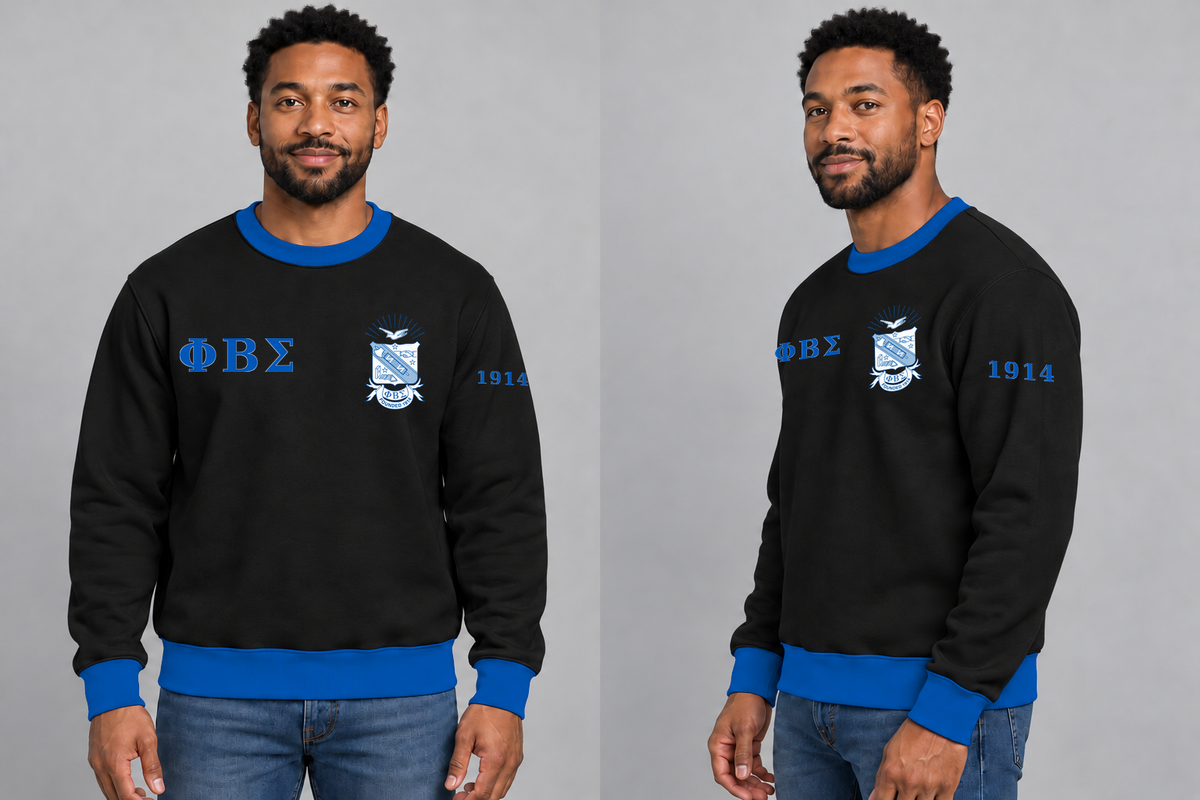 Phi Beta Sigma premium embroidered black solid contrast trim crewneck sweatshirt on model - front and side