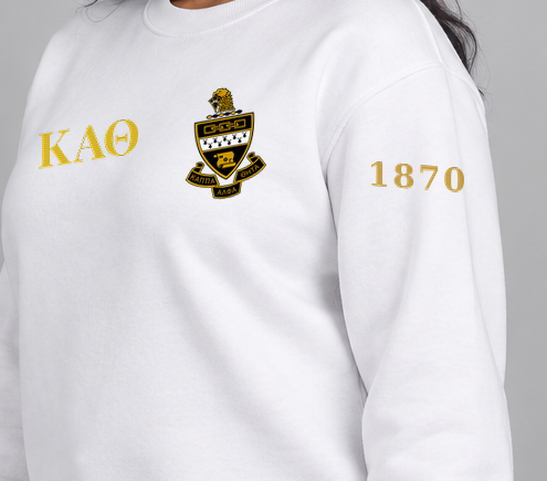 Kappa Alpha Theta premium embroidered white solid crewneck sweatshirt on model - founding year sleeve detail