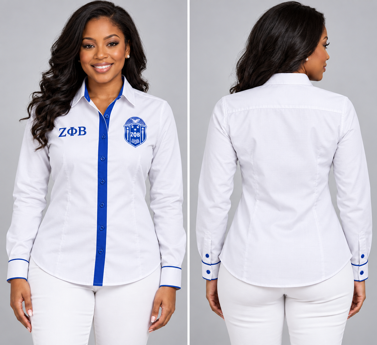 Zeta Phi Beta fitted white and royal blue Oxford shirt with embroidered crest and ΖΦΒ, front and back on a model