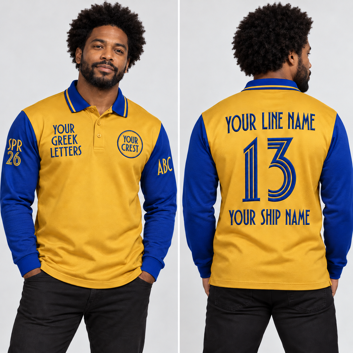 Custom chapter embroidered front and back model views with line name number ship name crest letters and correct crossing year and chapter initials