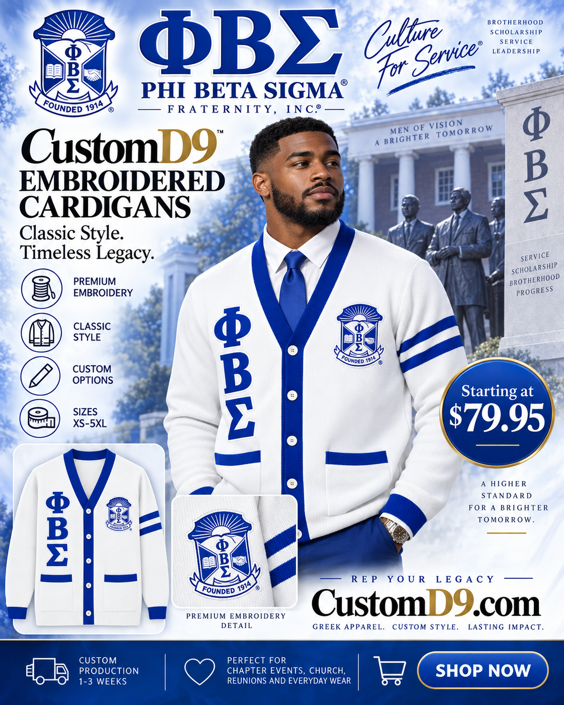 Phi Beta Sigma royal blue and white embroidered cardigan poster Pirani9