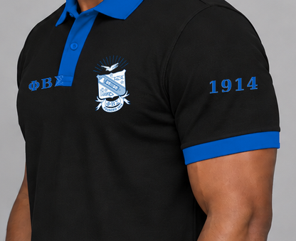 Phi Beta Sigma premium embroidered black solid contrast trim polo on model - founding year sleeve detail