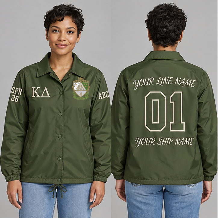 Kappa Delta Olive Green and Pearl White personalized coach line jacket on an adult model, original supplied crest and ΚΔ letters, sample line name, line number 01, ship name, crossing year and chapter initials.