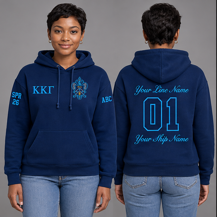 Kappa Kappa Gamma Kappa Blue and Gamma Blue personalized pullover hoodie on an adult model, original supplied crest and ΚΚΓ letters, sample line name, line number 01, ship name, crossing year and chapter initials.