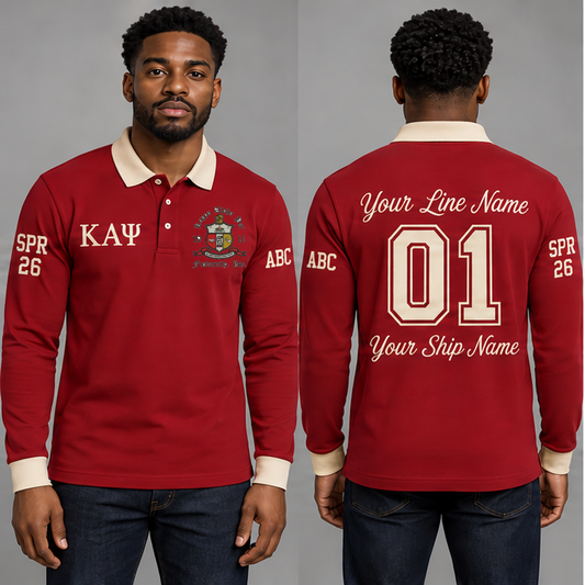 Kappa Alpha Psi crimson and cream long sleeve polo on adult male model, original filed crest and ΚΑΨ letters, sample line name, number 01 and ship name, right sleeve SPR 26 and left sleeve ABC.