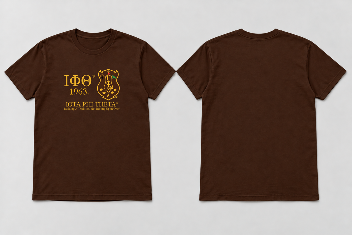 Approved Iota Phi Theta charcoal brown Greek Shield Motto T-shirt