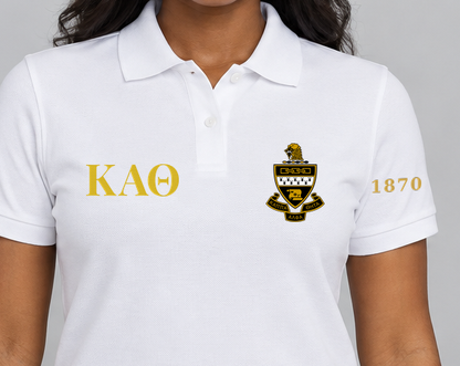 Kappa Alpha Theta premium embroidered white solid polo on model - chest embroidery close-up