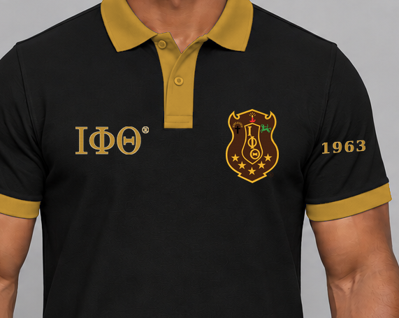 Iota Phi Theta premium embroidered black solid contrast trim polo on model - chest embroidery close-up