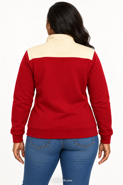 Black female model showing back of Delta Sigma Theta crimson quarter-zip with cream shoulder panel