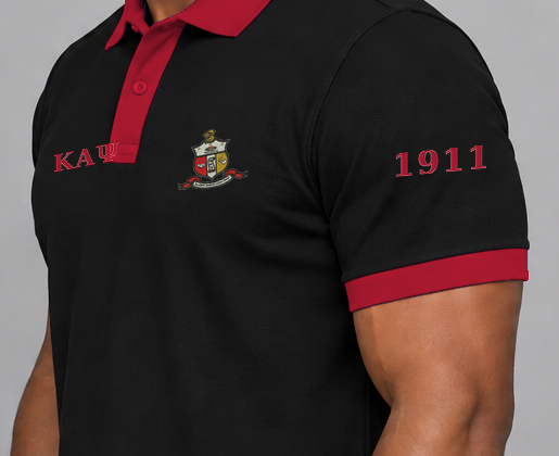 Kappa Alpha Psi premium embroidered black solid contrast trim polo on model - founding year sleeve detail