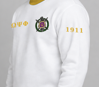 Omega Psi Phi premium embroidered white solid contrast trim crewneck sweatshirt on model - founding year sleeve detail