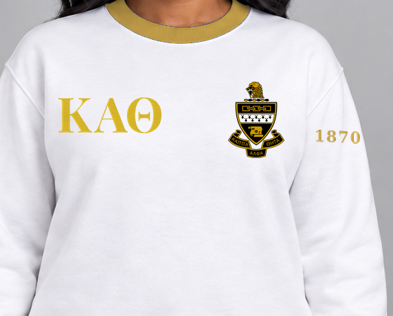 Kappa Alpha Theta premium embroidered white solid contrast trim crewneck sweatshirt on model - chest embroidery close-up