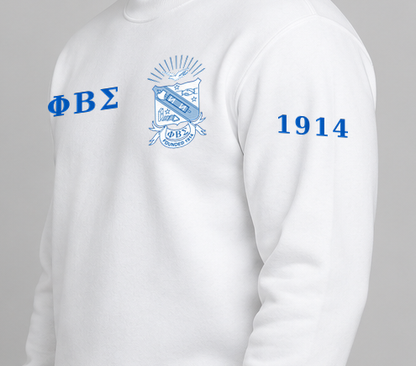 Phi Beta Sigma premium embroidered white solid crewneck sweatshirt on model - founding year sleeve detail