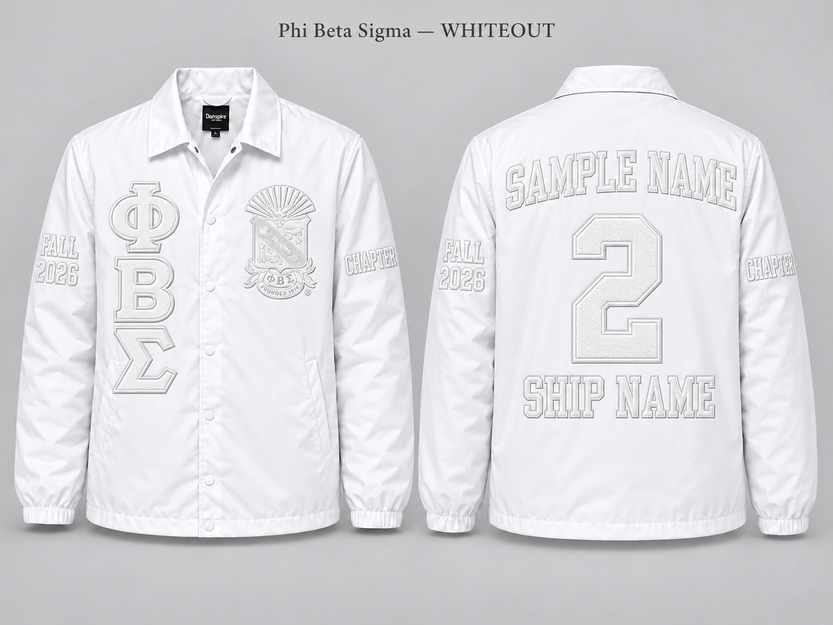 Phi Beta Sigma Whiteout line jacket with sample front back and sleeve embroidery
