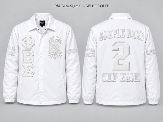Phi Beta Sigma Whiteout line jacket with sample front back and sleeve embroidery