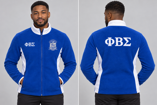 Phi Beta Sigma fitted Royal Blue and White polar fleece jacket on man model, front and back