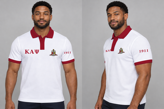 Kappa Alpha Psi premium embroidered white solid contrast trim polo on model - front and side