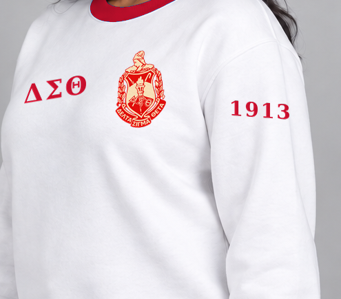 Delta Sigma Theta premium embroidered white solid contrast trim crewneck sweatshirt on model - founding year sleeve detail