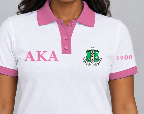 Alpha Kappa Alpha premium embroidered white solid contrast trim polo on model - chest embroidery close-up