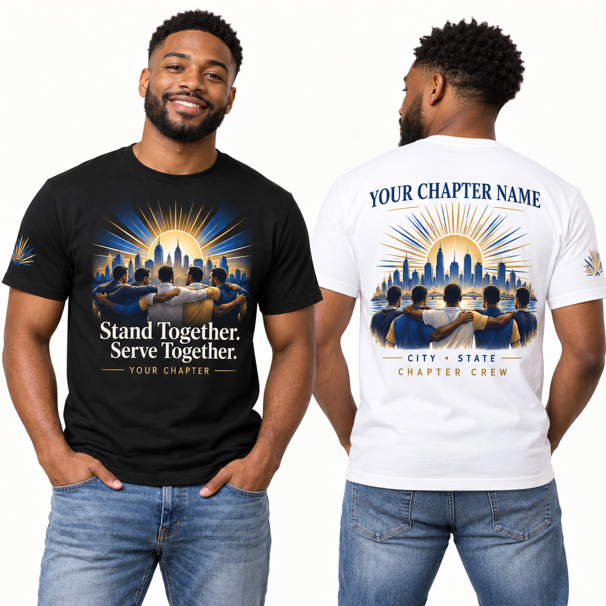 Custom Fraternity Stand Together. Serve Together. chapter group shirt on models