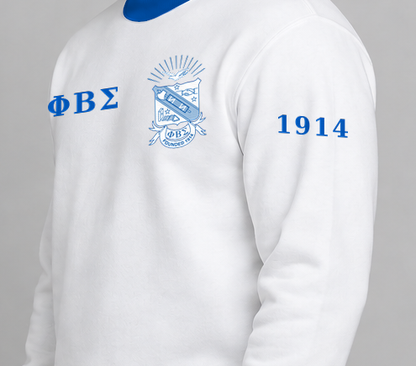 Phi Beta Sigma premium embroidered white solid contrast trim crewneck sweatshirt on model - founding year sleeve detail