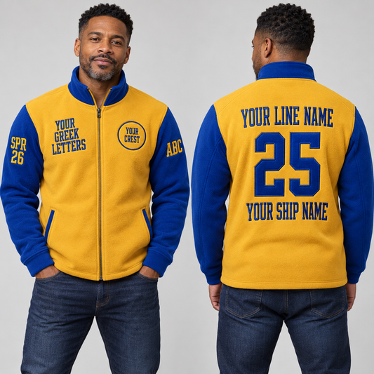 Full-Zip Sweatshirt Gold Royal Blue embroidered line name number ship name front back and sleeves on model
