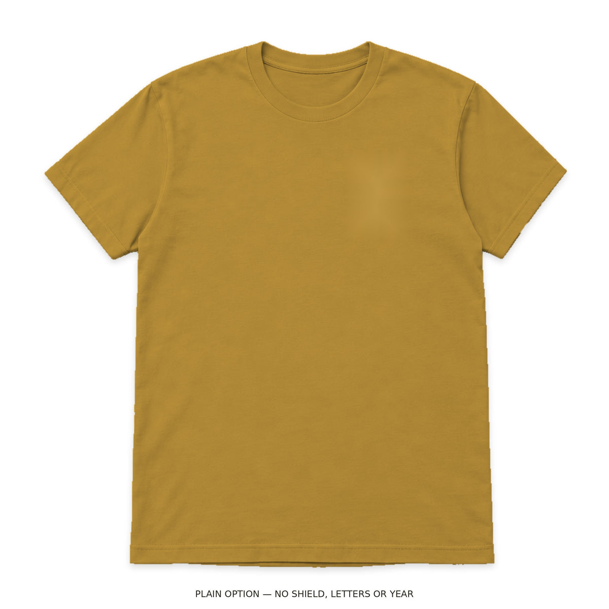 Plain option digital mockup: gilded gold T-shirt with no shield, Greek letters, year or print; undecorated garment only