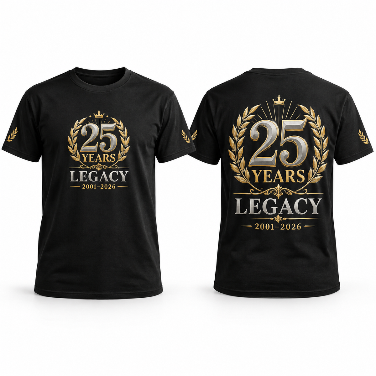 Custom Greek Anniversary full-color printed black T-shirt front back and sleeve sample