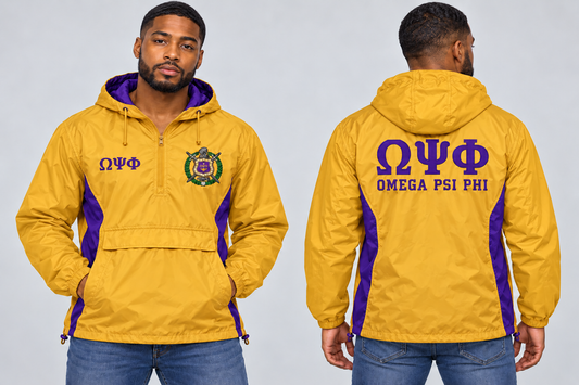 Black man modeling Omega Psi Phi old gold and royal purple custom embroidered men's hooded anorak windbreaker jacket, front and back views.