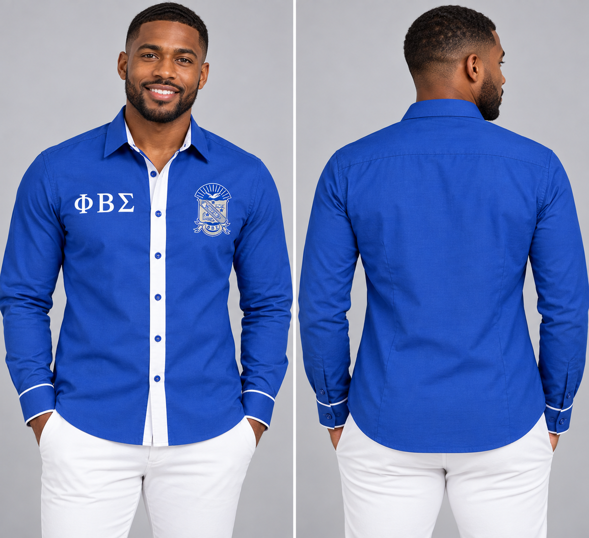 Phi Beta Sigma royal blue and white fitted embroidered Oxford shirt product, front and back on male model