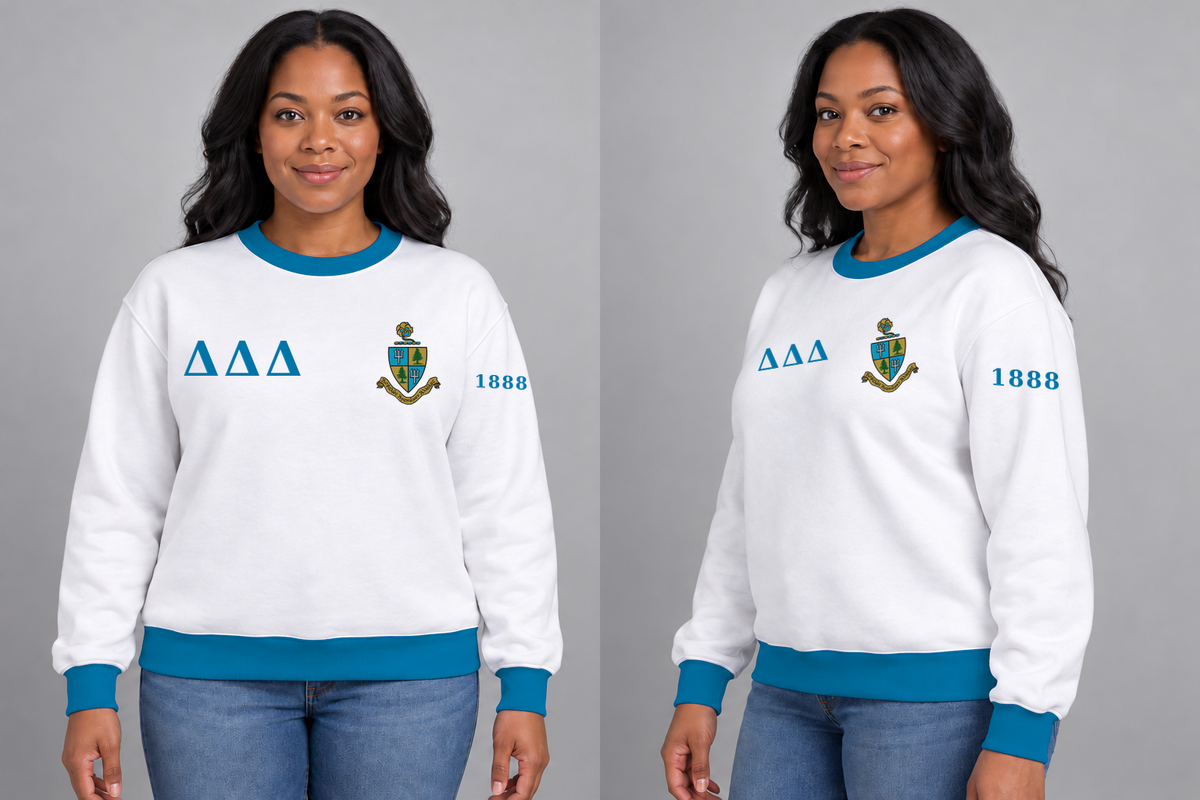 Delta Delta Delta premium embroidered white solid contrast trim crewneck sweatshirt on model - front and side