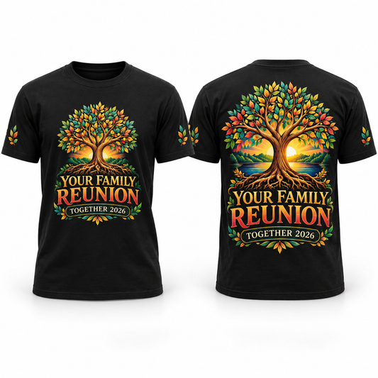 Custom Family Reunion full-color printed black T-shirt front back and sleeve sample