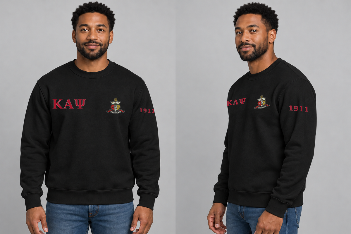 Kappa Alpha Psi premium embroidered black solid crewneck sweatshirt on model - front and side