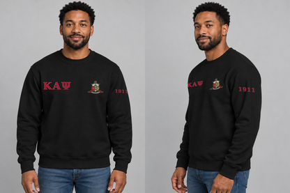Kappa Alpha Psi premium embroidered black solid crewneck sweatshirt on model - front and side