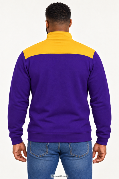 Black male model showing back of Omega Psi Phi royal purple quarter-zip with old gold shoulder panel