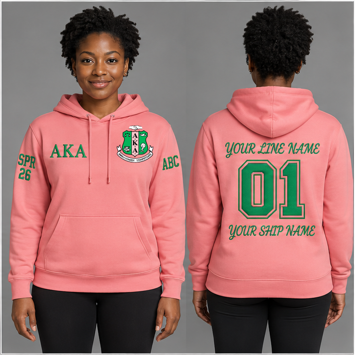 Alpha Kappa Alpha Salmon Pink and Apple Green personalized pullover hoodie on an adult model, original supplied crest and ΑΚΑ letters, sample line name, line number 01, ship name, crossing year and chapter initials.