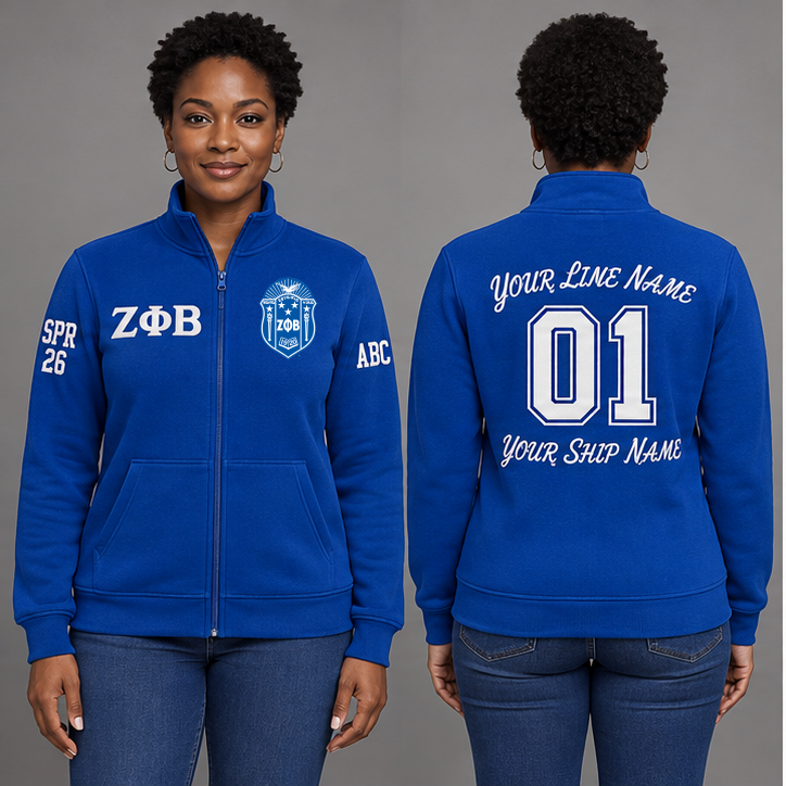 Zeta Phi Beta Royal Blue and White personalized full-zip sweatshirt on an adult model, original supplied crest and ΖΦΒ letters, sample line name, line number01, ship name, crossing year and chapter initials.