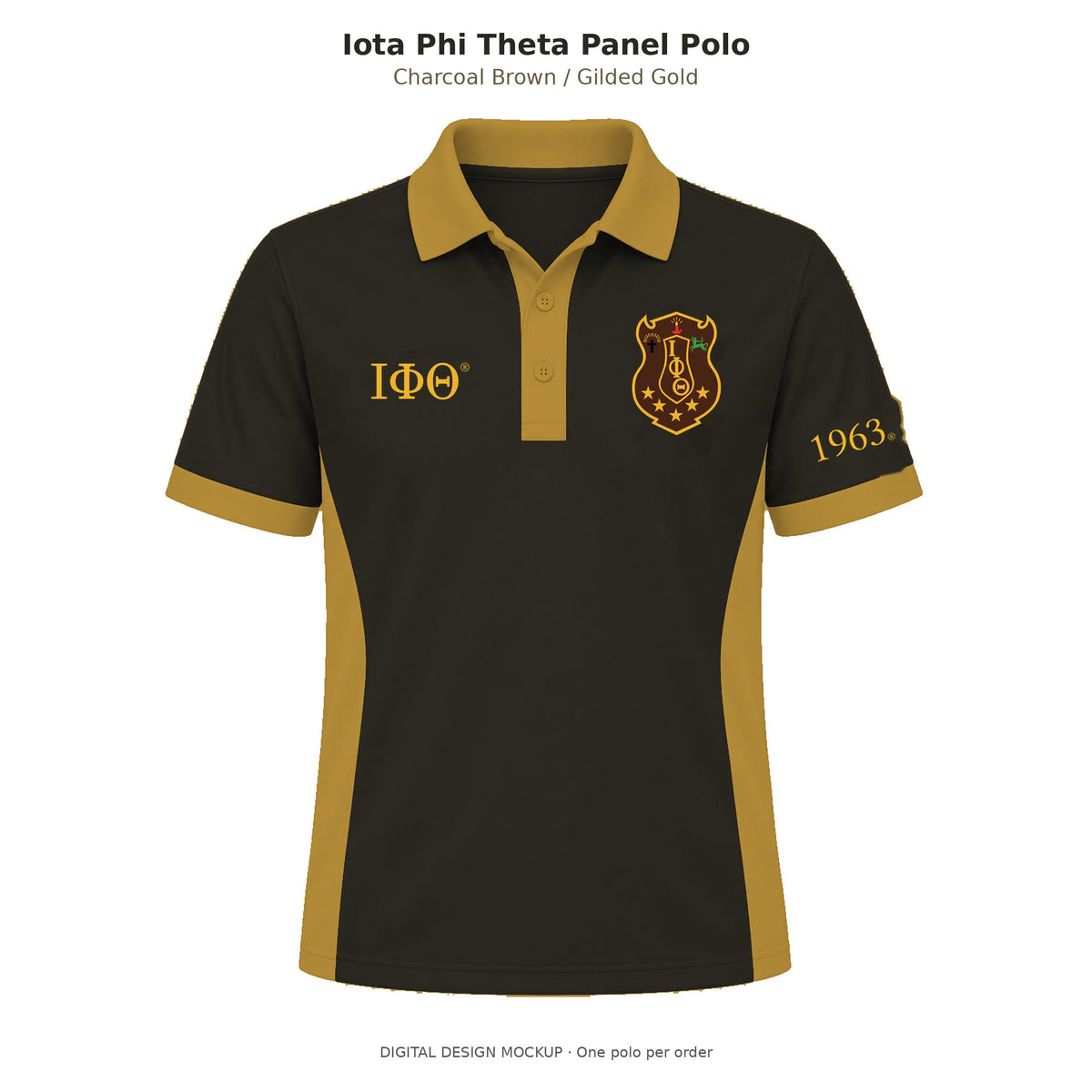 Digital mockup of Iota Phi Theta men's straight-sided charcoal brown panel polo with gilded gold side inserts, collar, placket and sleeve bands; original shield and 1963 left sleeve