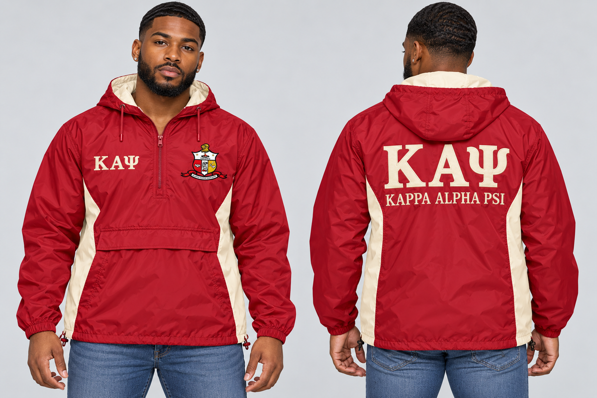 Black man modeling Kappa Alpha Psi crimson and cream custom embroidered men's hooded anorak windbreaker jacket, front and back views.