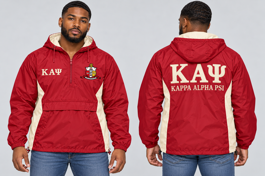 Black man modeling Kappa Alpha Psi crimson and cream custom embroidered men's hooded anorak windbreaker jacket, front and back views.