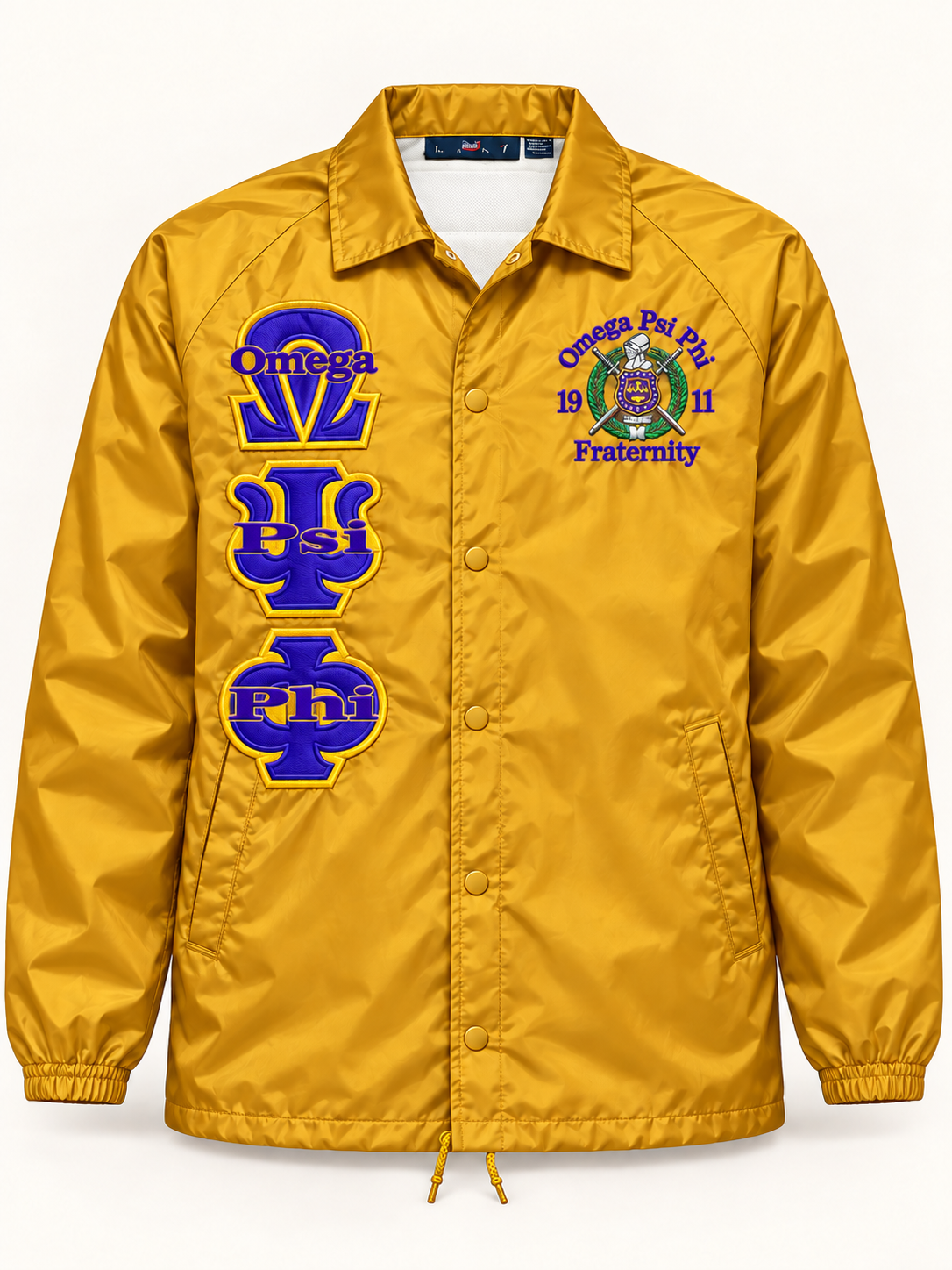 Gold Omega Psi Phi snap-front line jacket with purple and gold Greek letter embroidery and crest
